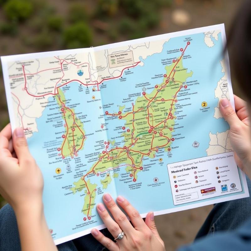 Một du khách đang xem bản đồ du lịch Hakone, với các điểm tham quan và onsen được đánh dấu rõ ràng